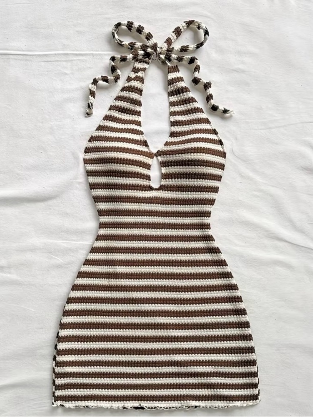 Striped Brown and Cream crochet style Halter Knit Dress never worn